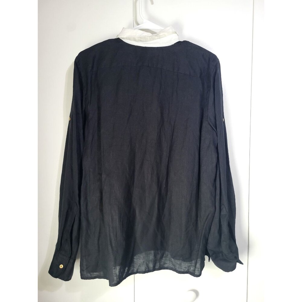 LAUREN RALPH LAUREN Women's SZ L Black Linen Blouse White Collar Gold Buttons - Picture 3 of 7